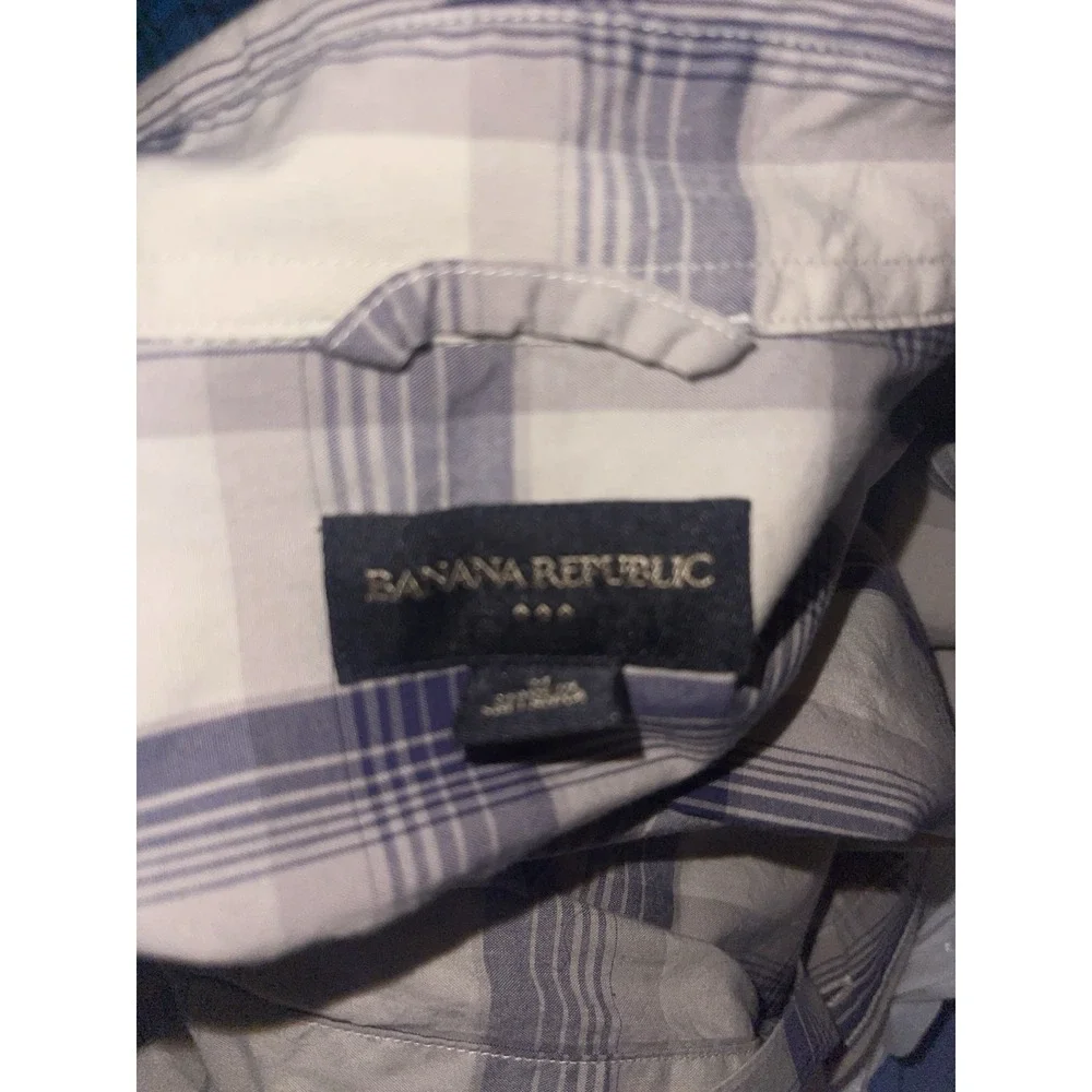 Banana Republic Mens Plaid‎ Shirt Gray Purple Roll Tab Sleeve Mens M
